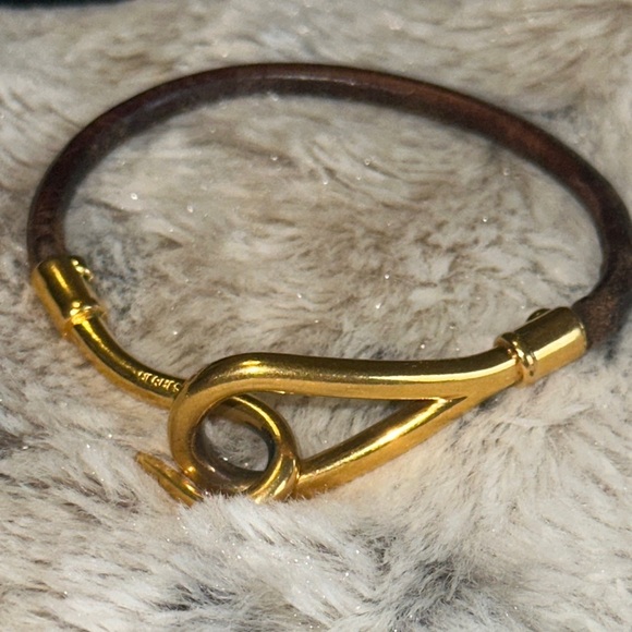 HERMĖS 18k Gold over Brass Hook Brown Leather Bracelet Preloved Mint Condition